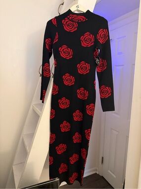 Black Long-Sleeve Midi Dress with Red Rose Motif